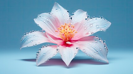  a pink and white flower with water droplets on it's petals and a blue background with a light blue background with a blue backgroud.  generative ai