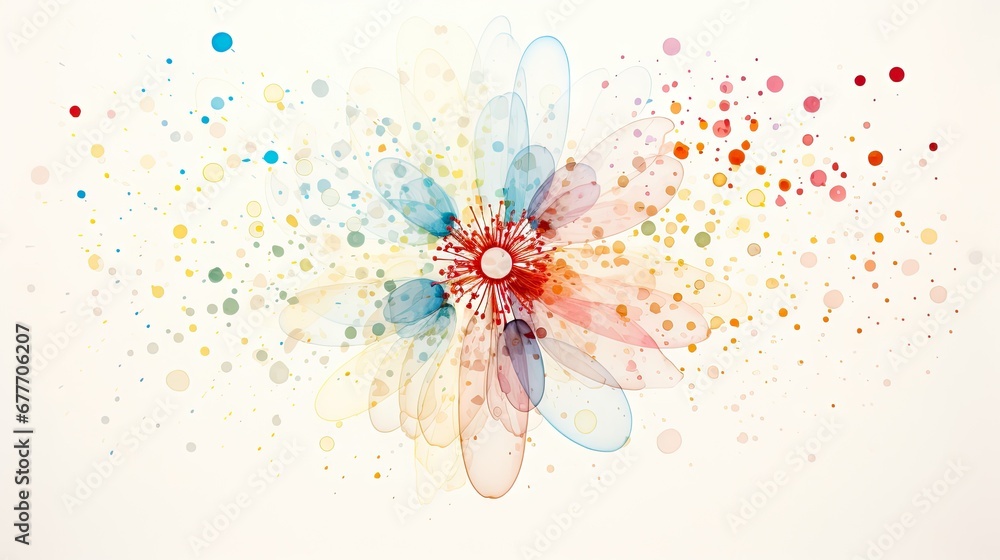 Poster a multicolored flower on a white background with a splash of paint on the bottom of the image and th