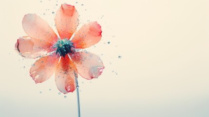  a close up of a flower on a stem with water droplets on the petals and on the stem is a light blue sky with a few clouds in the background.  generative ai
