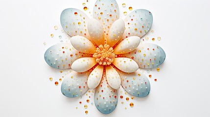  a white and blue flower with gold dots on it's petals and petals on it's petals are orange, yellow, blue, and white, and yellow.  generative ai