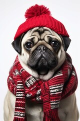 pug in a hat and scarf, dog in winter clothes, Christmas pug

