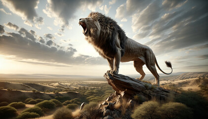 A lion roars on a cliff