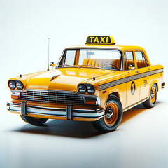 Old yellow American taxi on a white background. Vintage New York cab