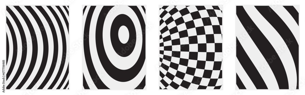 Poster trendy set of abstract creative art composition. vector black white image of bend pattern for wall d