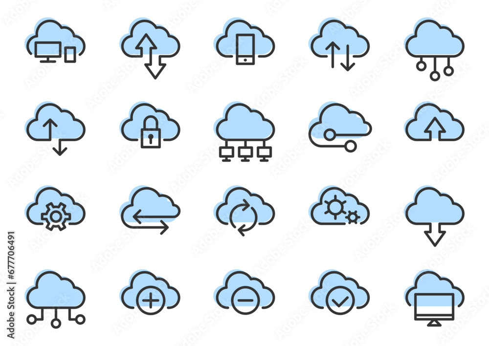 Poster set of technology icon vector cloud computing connection. big data global server. line design symbol