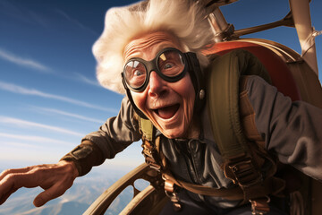 Fototapeta na wymiar an elderly woman jumps with a parachute