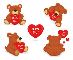 Cute Plush Teddy Bear with heart. Set love vector illustration