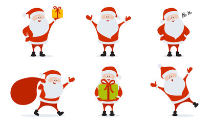 Collection of Christmas Santa Claus. Funny happy Santa Claus character with gift