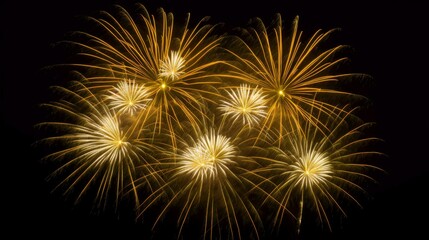 Silvester New year New Year's Eve Party background banner greeting card firework - Gold yellow fireworks, isolated on black night sky background texture