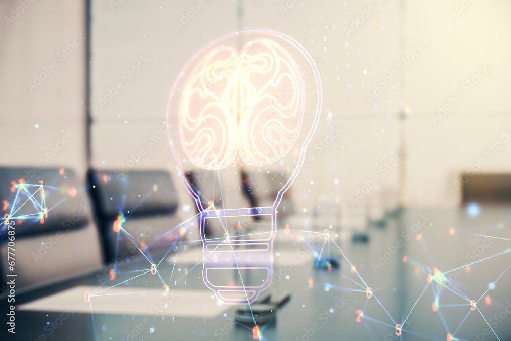 Poster abstract virtual creative light bulb with human brain hologram on a modern boardroom background, art