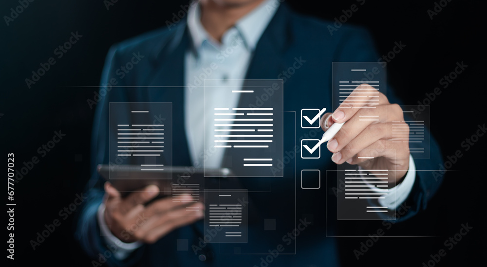 Poster businessman working on tablet to document management online for checklist and clipboard task managem