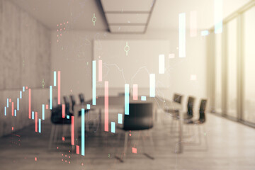Multi exposure of abstract virtual financial graph hologram on a modern conference room background, forex and investment concept