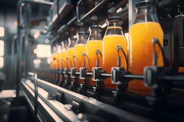 juice factory, conveyor with bottles - obrazy, fototapety, plakaty