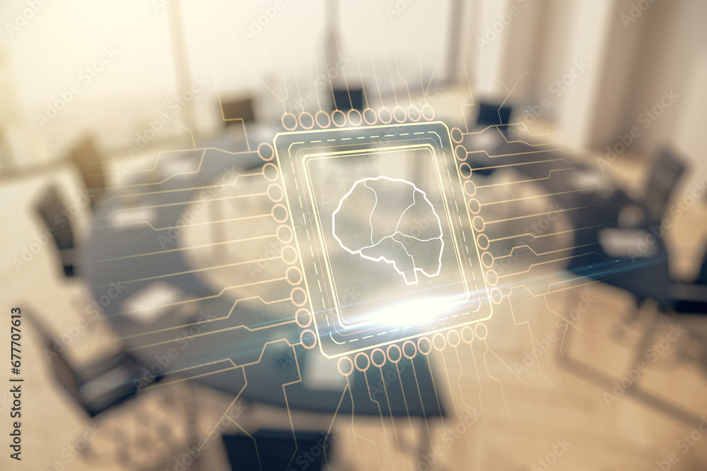 Poster double exposure of creative artificial intelligence interface on a modern meeting room background. n