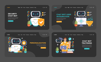 Chat Bot Universe dark or night mode web, landing set. Dive into AI-driven support: NLP engines, and personalization. Engage with omni-channel integration and secure chats. Flat vector illustration