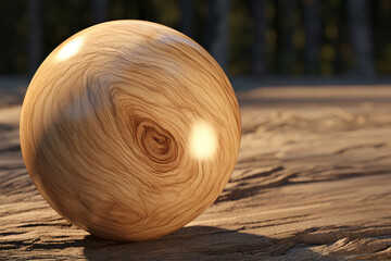 Wooden sphere 3d rendering, spherical shape made of wood on wood background