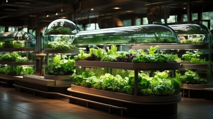Vertical greenhouse with hydroponic plants nursery farming background. - obrazy, fototapety, plakaty