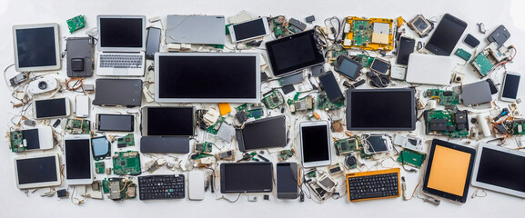 Old computers, digital tablets, mobile phones, many used electronic gadgets devices, broken household and appliances on white background. Planned obsolescence, electronic waste for recycling concept. 