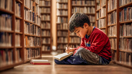 Sad tired boy sitting and looking in to books and notebooks. Education, school, learning difficulties, dyslexia concept - obrazy, fototapety, plakaty
