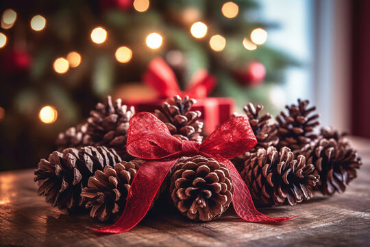 A cluster of pine cones adorned with red ribbons on a Christmas tree in the background
