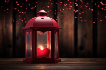 Red lantern with candles heart, valentine's day background. Generative AI - obrazy, fototapety, plakaty