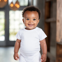 Lifestyle photo of 6 month old african american baby, african american baby is wearing a short sleeve white onesie