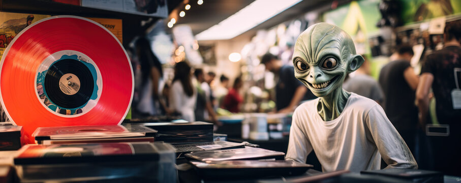 un alien dans un magasin de disque vinyles