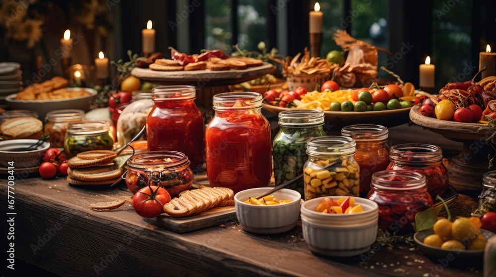 Poster a table topped with lots of jars filled with fruit and veggies next to candles and plates of food on