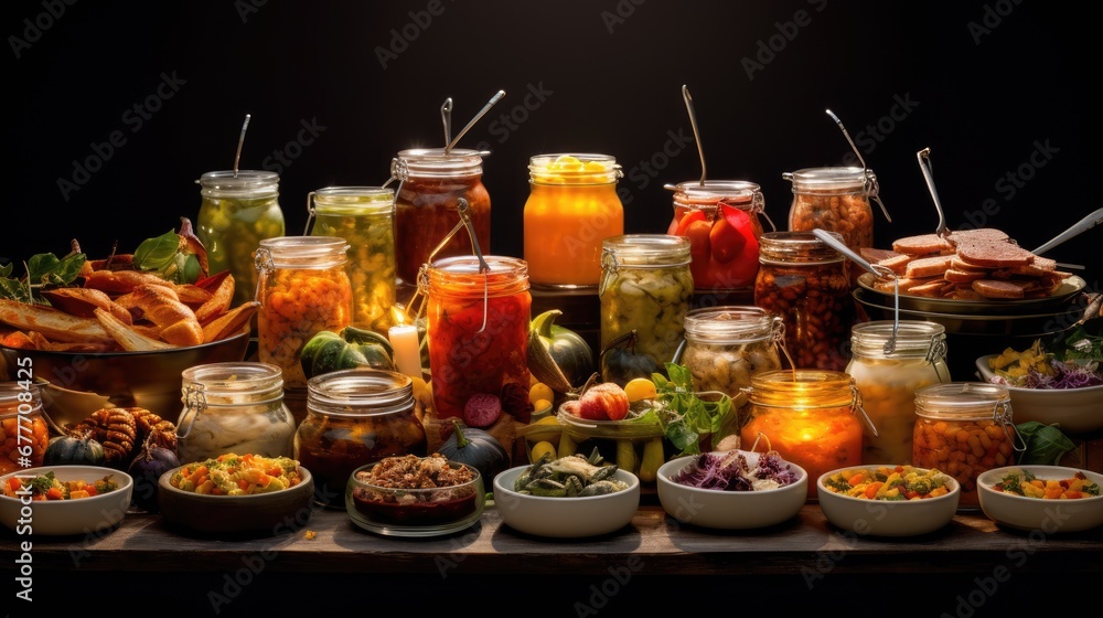 Poster a table topped with lots of jars filled with different types of condiments and condiments next to bo