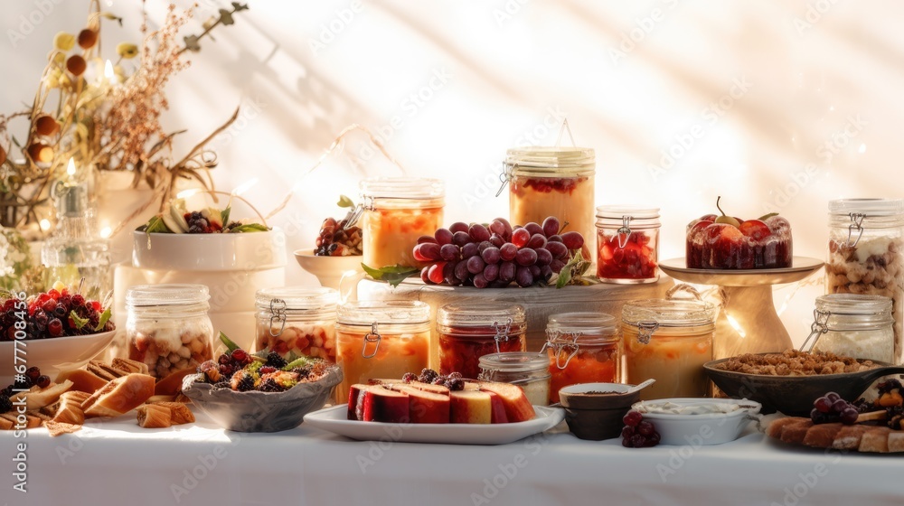 Poster a table topped with lots of jars filled with different types of desserts and pastries on top of a wh