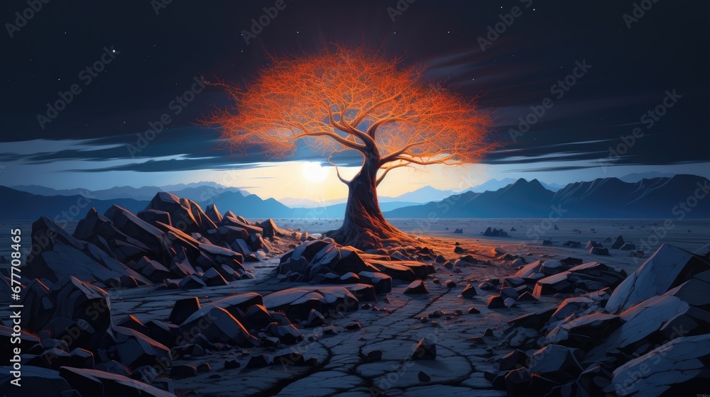 Poster a painting of a tree in the middle of a desert with mountains in the background and a full moon in t