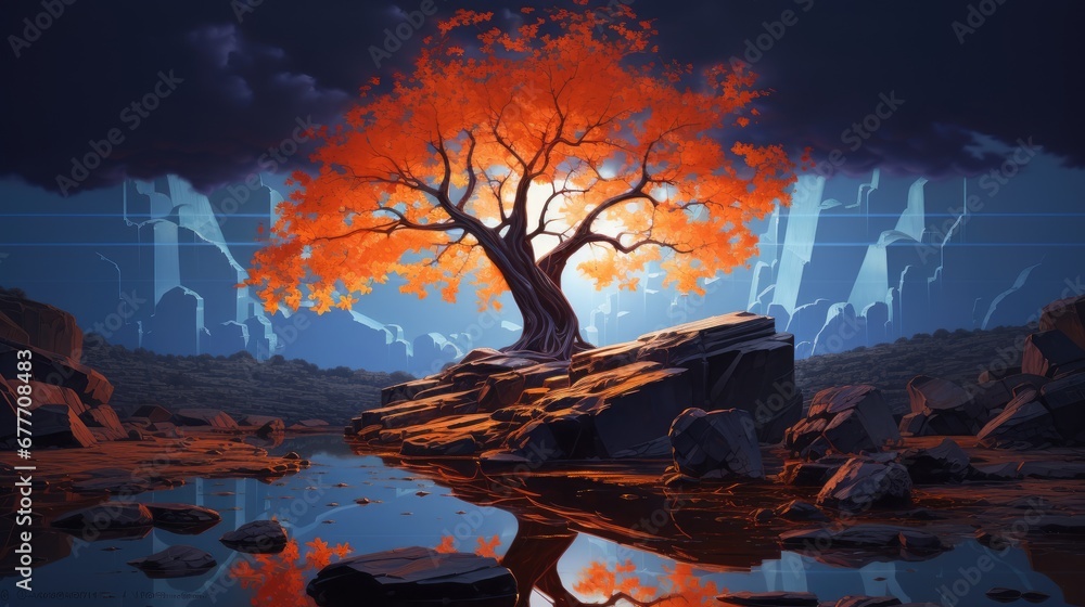 Poster a painting of a tree in the middle of a lake with rocks in the foreground and a mountain in the back