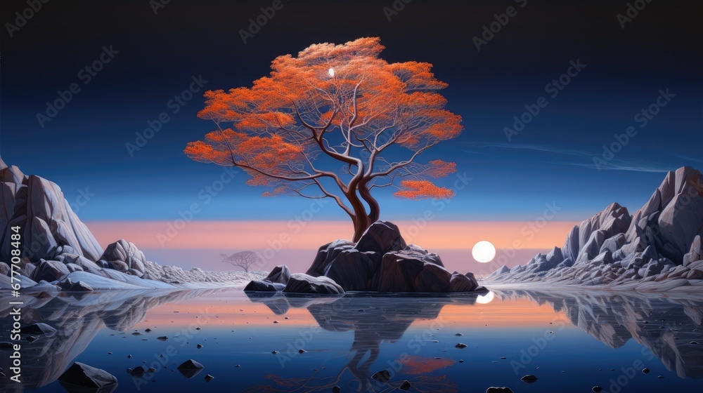 Poster a painting of a tree in the middle of a body of water with rocks in the foreground and a full moon i