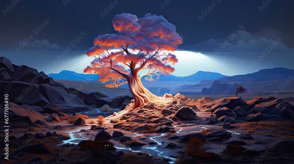 Poster a painting of a tree in the middle of a desert with a river running between it and mountains in the 