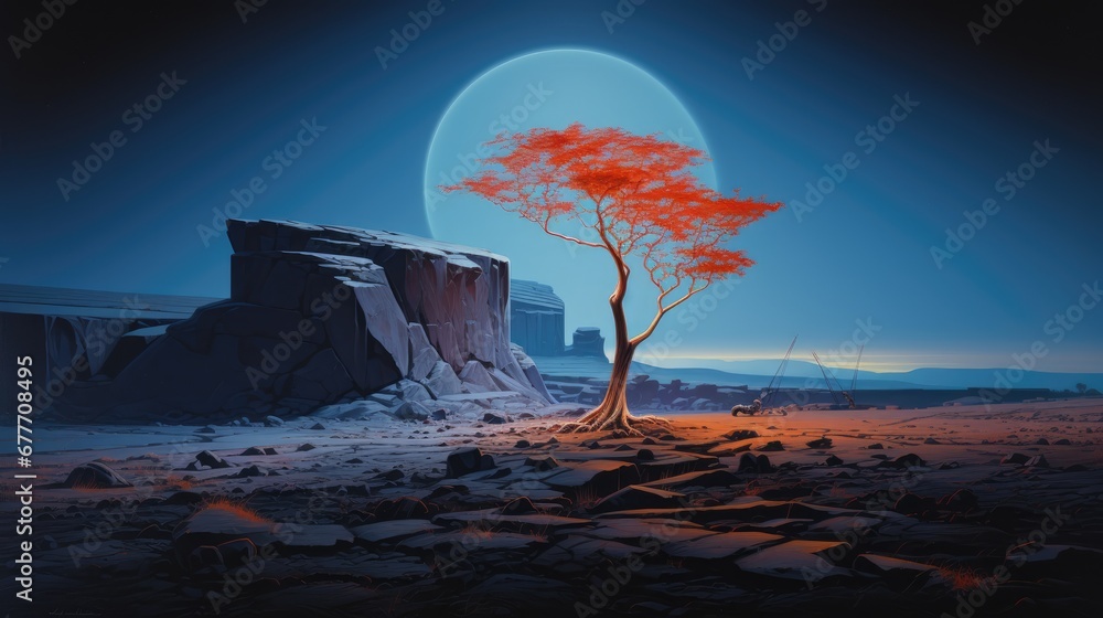 Aufkleber a painting of a tree in the middle of a desert with a moon in the sky above it and a building on the