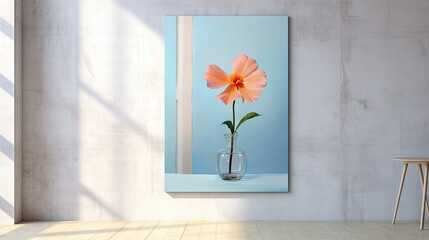  a vase with a flower in it sitting on a table in front of a picture of a vase with a flower in it on a table in front of a wall.  generative ai