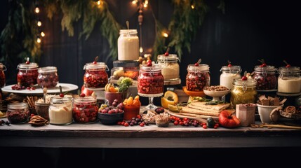  a table topped with lots of jars filled with different types of foods and condiments on top of a wooden table next to a christmas tree with lights in the background.  generative ai
