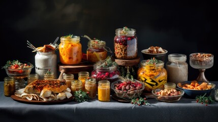  a table topped with jars filled with different types of food next to bowls of fruit and a plate of food next to a bowl of nuts and a bowl of fruit.  generative ai
