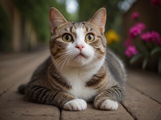 Portrait of a surprised cat Scottish Straight, looking upward. Ai Generative
