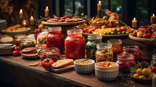 a table topped with lots of jars filled with fruit and veggies next to candles and plates of food on top of a wooden table next to a window.  generative ai