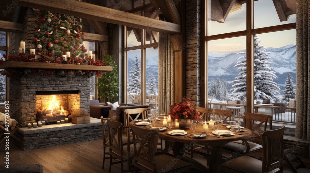 Poster a dining room with a fire place and a table with place settings and place settings in front of a win