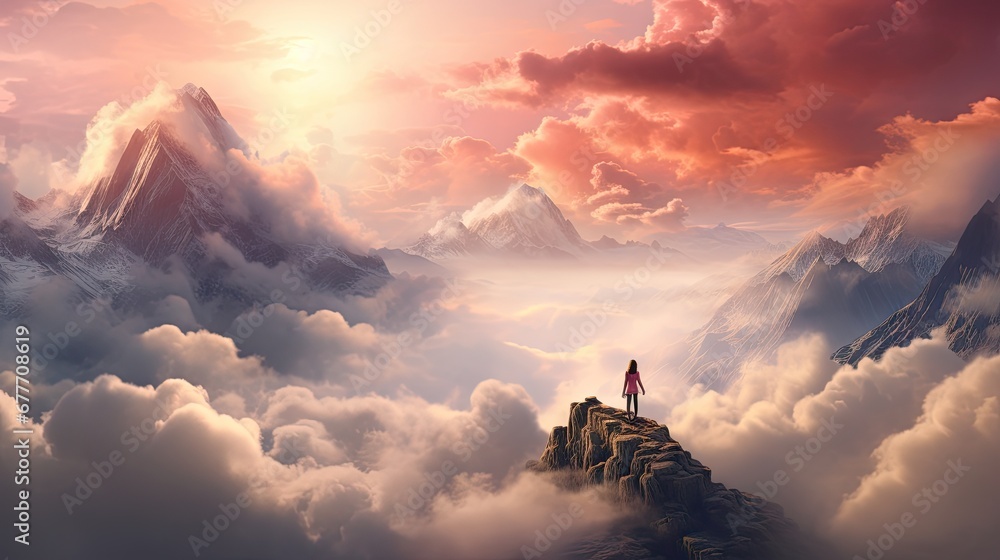 Aufkleber a painting of a person standing on top of a mountain in the middle of a cloudy sky with a mountain r