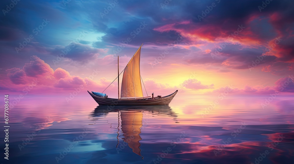 Aufkleber a boat floating on top of a body of water under a cloudy sky with a sailboat in the foreground and t