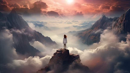 Gartenposter  a woman standing on top of a mountain in the middle of a cloud filled sky with mountains in the background and a bright sun in the middle of the sky.  generative ai © Nadia