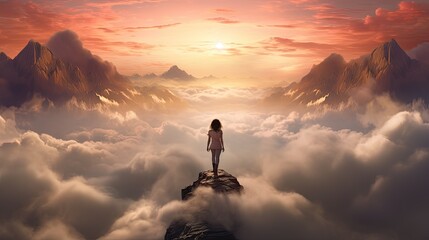 a woman standing on top of a mountain in the middle of a sea of clouds with mountains in the background and the sun shining through the clouds above her head.  generative ai
