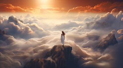  a woman standing on top of a mountain above a sea of clouds with a bright sun in the middle of the sky over which is a sea of clouds and mountains.  generative ai - obrazy, fototapety, plakaty
