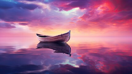  a small boat floating on top of a body of water under a purple and blue sky with clouds and a pink and purple hued sky filled with white clouds.  generative ai
