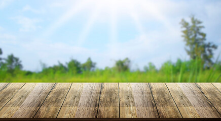 Wooden table top with natural green blurred background or various leaves, fresh bright sunlight,...