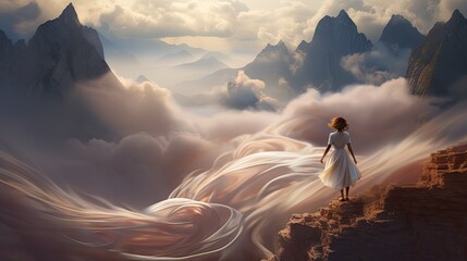  a painting of a woman in a white dress standing on top of a mountain with a view of a valley and mountains in the distance, with clouds in the foreground.  generative ai