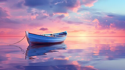  a small blue boat floating on top of a body of water under a cloudy blue sky with a pink and purple sunset in the middle of the sky above the water.  generative ai